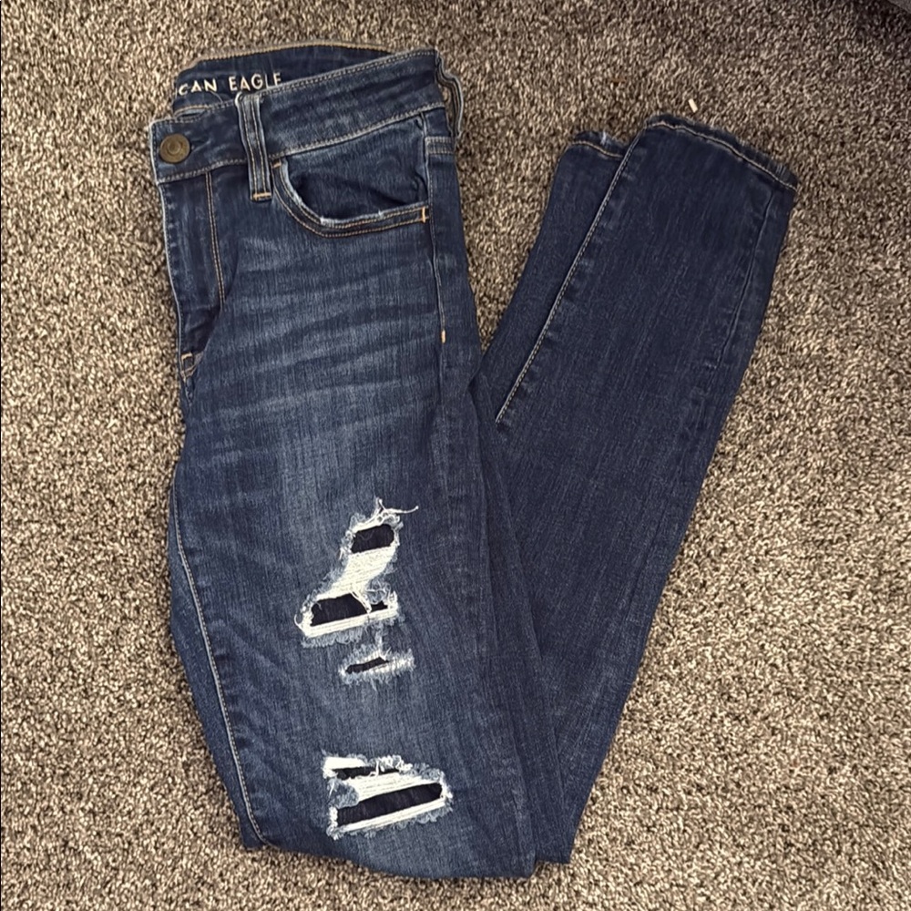 American Eagle Outfitters Blue Skinny Jeans with Distressed Details